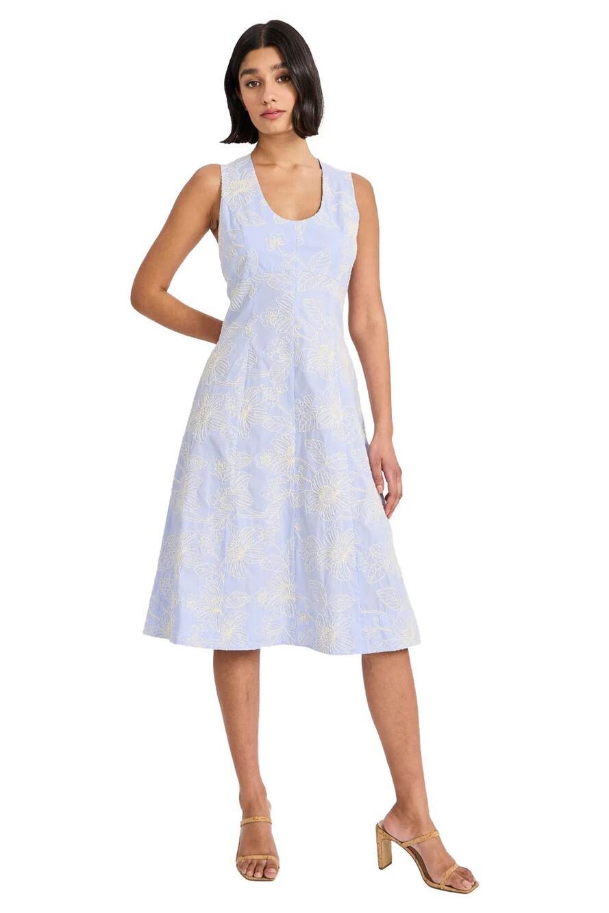 Maggy London Sleeveless Scoop Neck A-Line Midi Dress Blue/ivory Women's Size 12